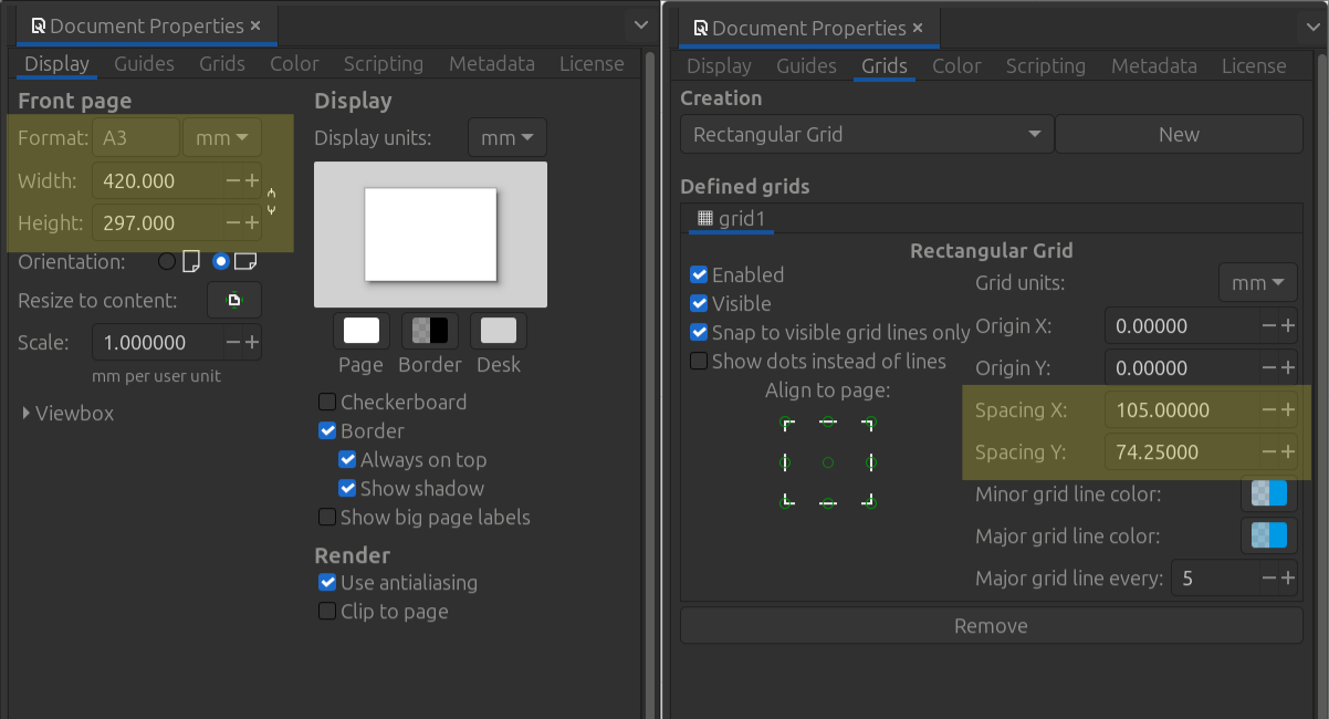 Document properties and grid setup